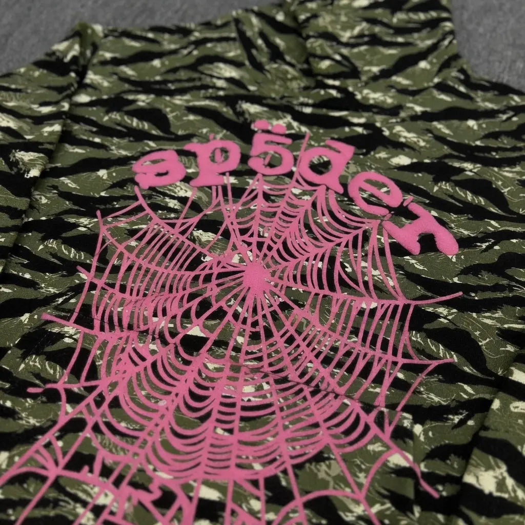 Sp5der Tiger Camo Hoodie with Pink Spiderweb Logo