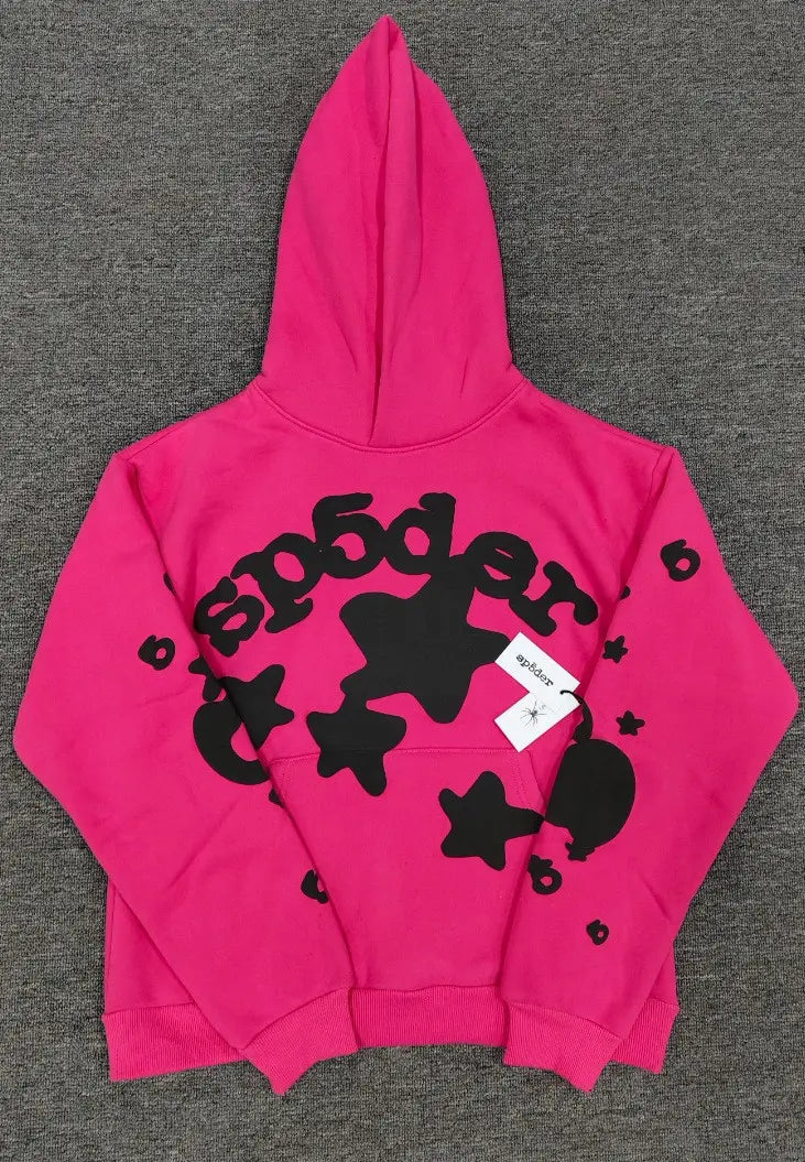 Sp5der hot pink pullover hoodie with black star logo print and number graphics on front and sleeves