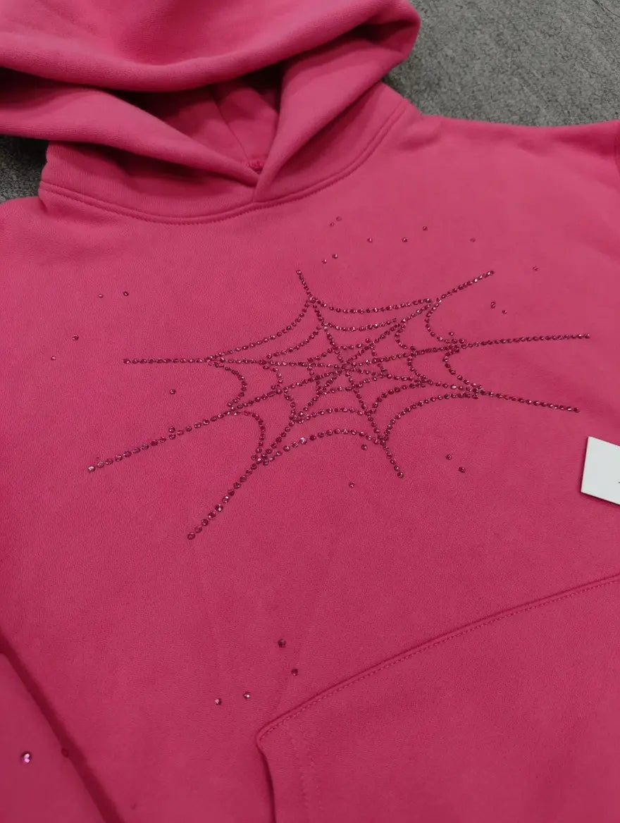 Sp5der Pink Rhinestone Spiderweb Crystal Hoodie
