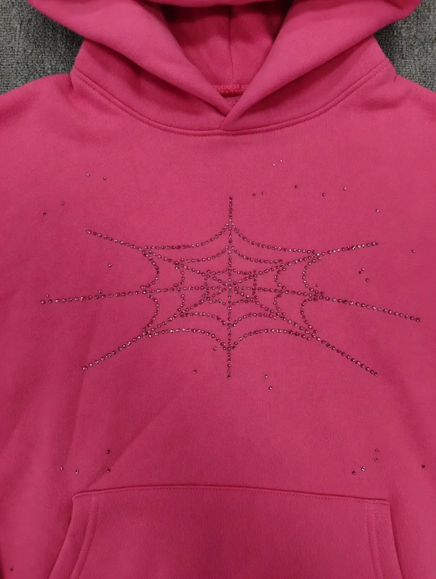 Sp5der Pink Rhinestone Spiderweb Crystal Hoodie