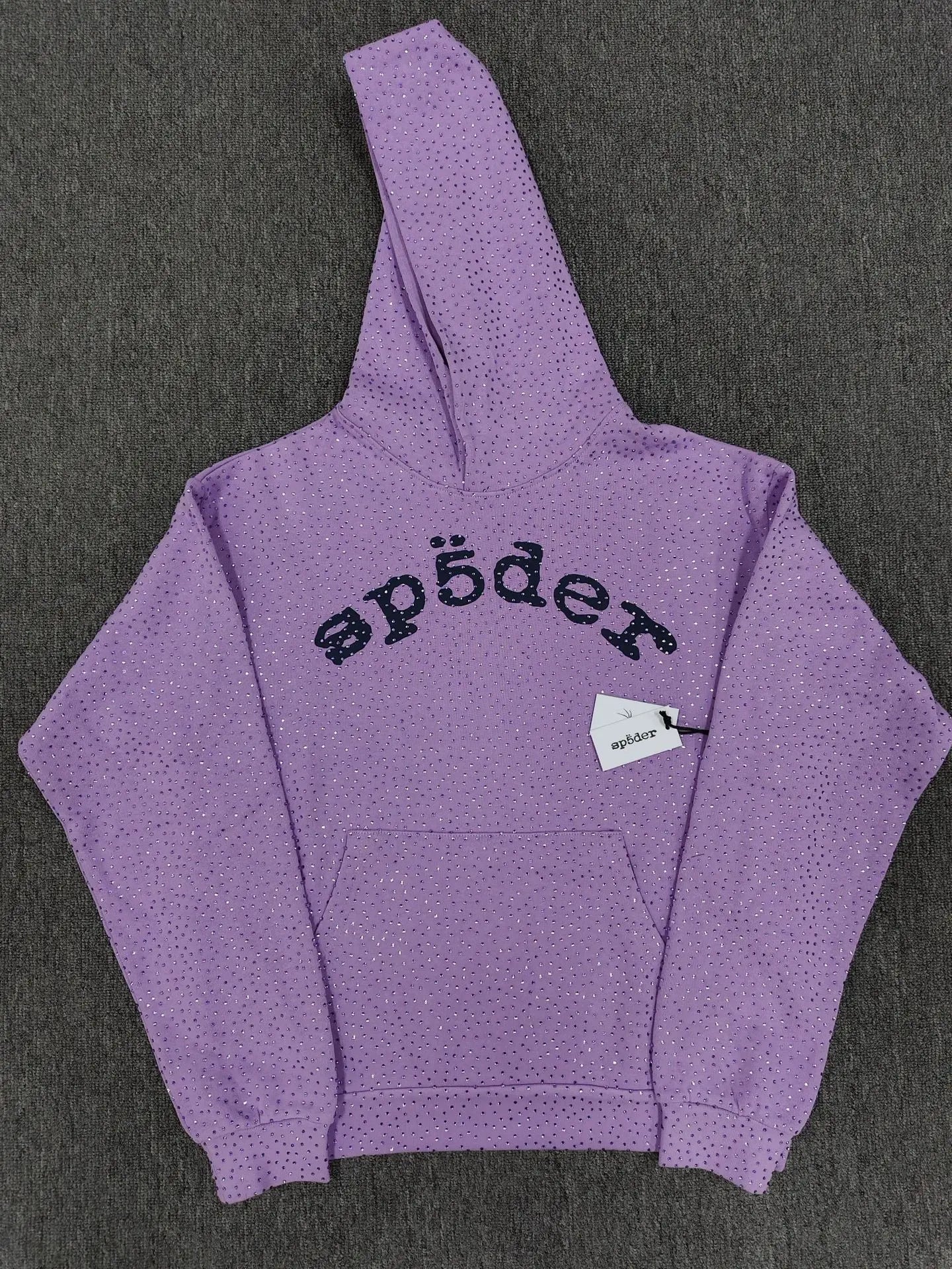 Lavender purple Sp5der rhinestone arch logo pullover hoodie with all-over crystal embellishment
