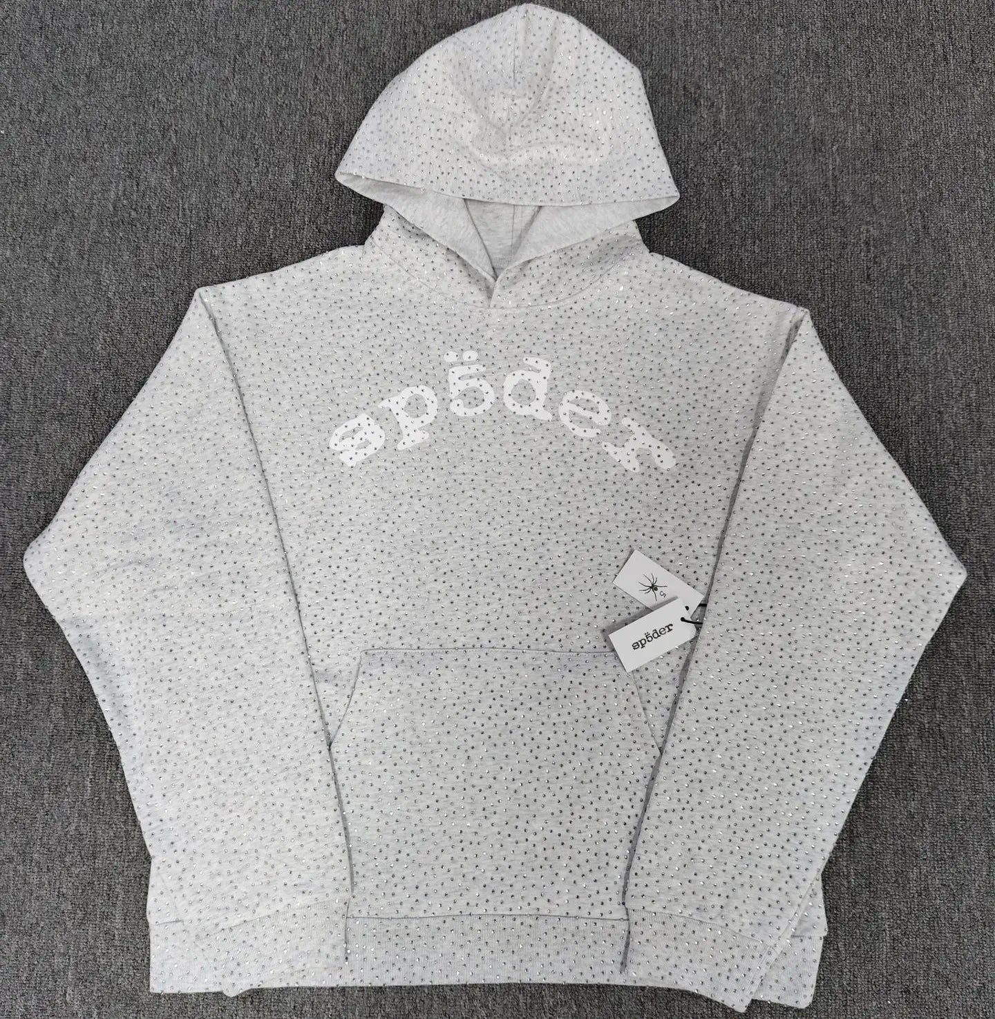 Sp5der light grey pullover hoodie with all-over rhinestone embellishment and arched logo on chest