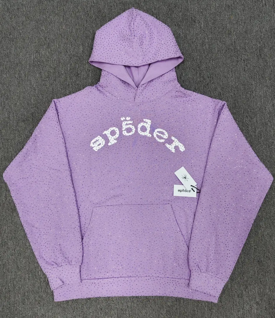 Sp5der light purple pullover hoodie with all-over rhinestone embellishment and white arch logo on chest