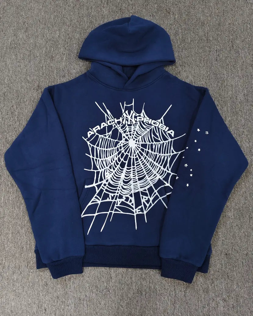 Navy blue Sp5der Arachnophobia spiderweb graphic pullover hoodie with star sleeve detail
