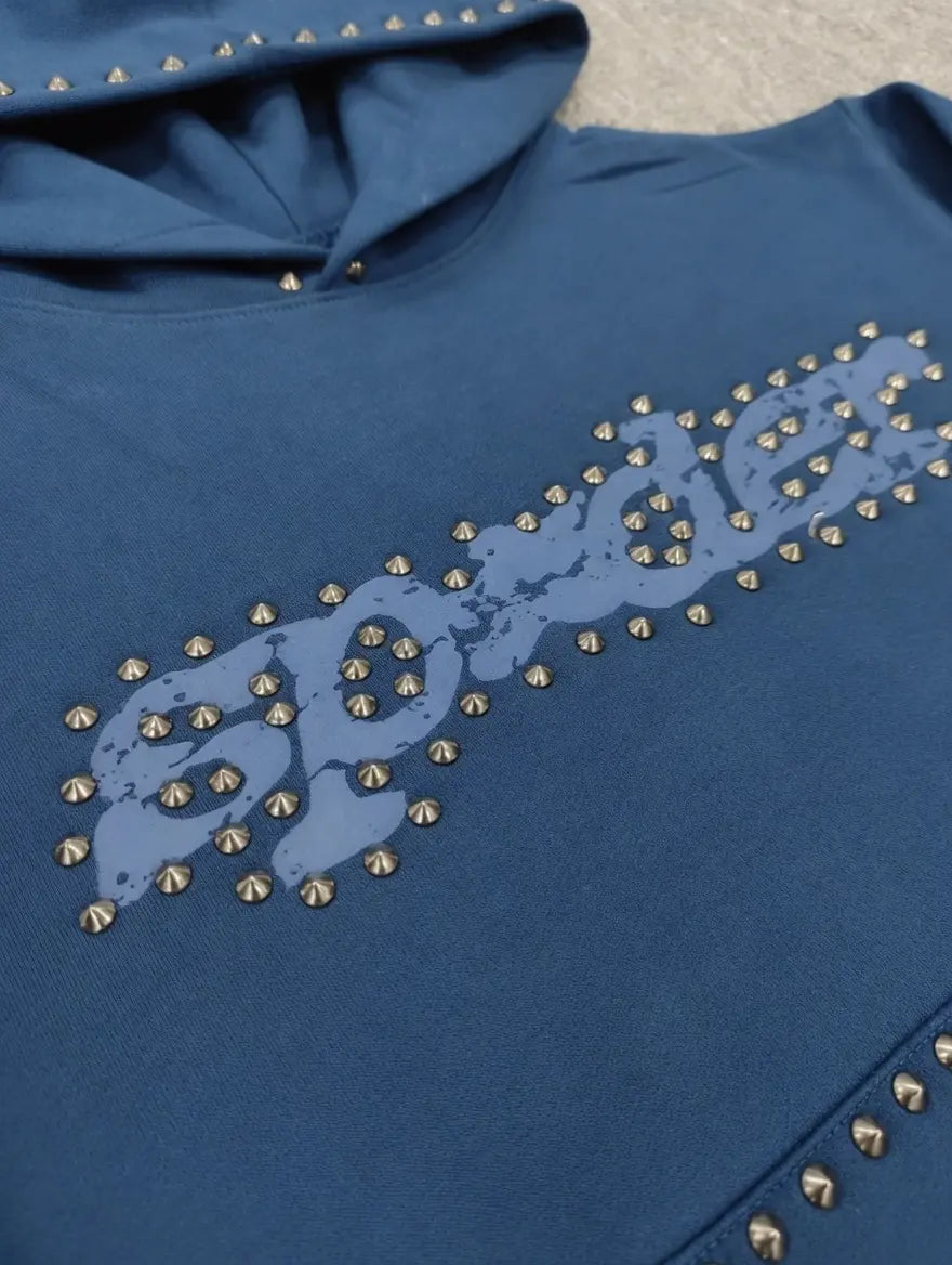 Sp5der Navy Blue Studded Logo Hoodie 100% Cotton