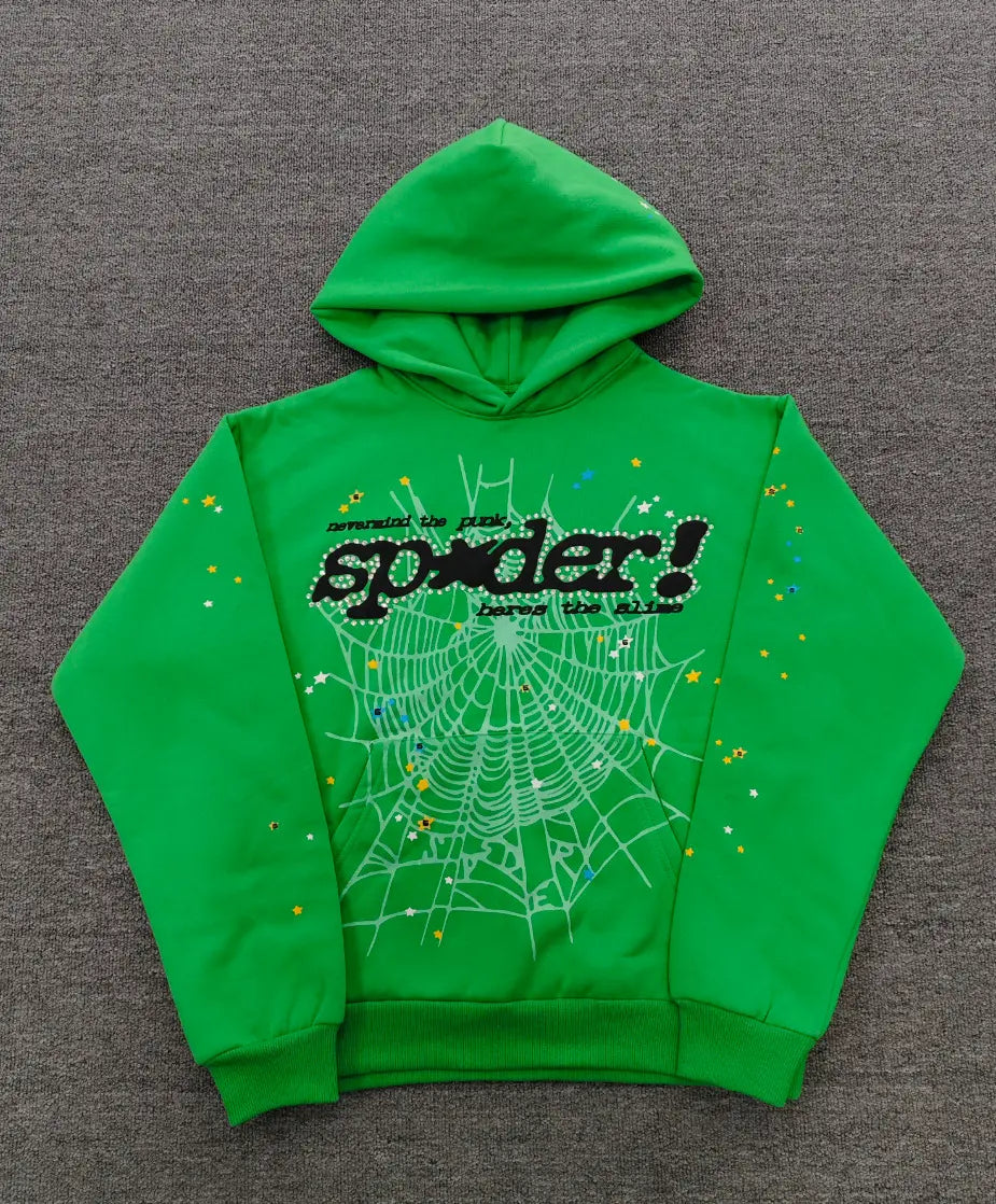 Neon green Sp5der pullover hoodie with spiderweb graphic print and star rhinestone accents on sleeves