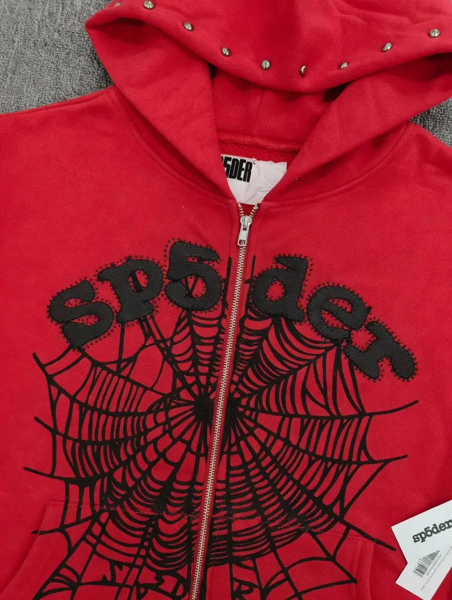 Sp5der Red Zip-Up Hoodie Black Spiderweb Studded Logo