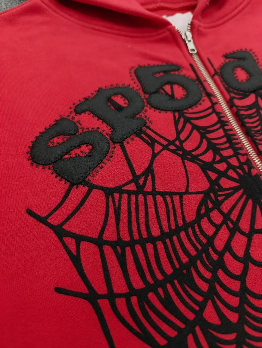 Sp5der Red Zip-Up Hoodie Black Spiderweb Studded Logo