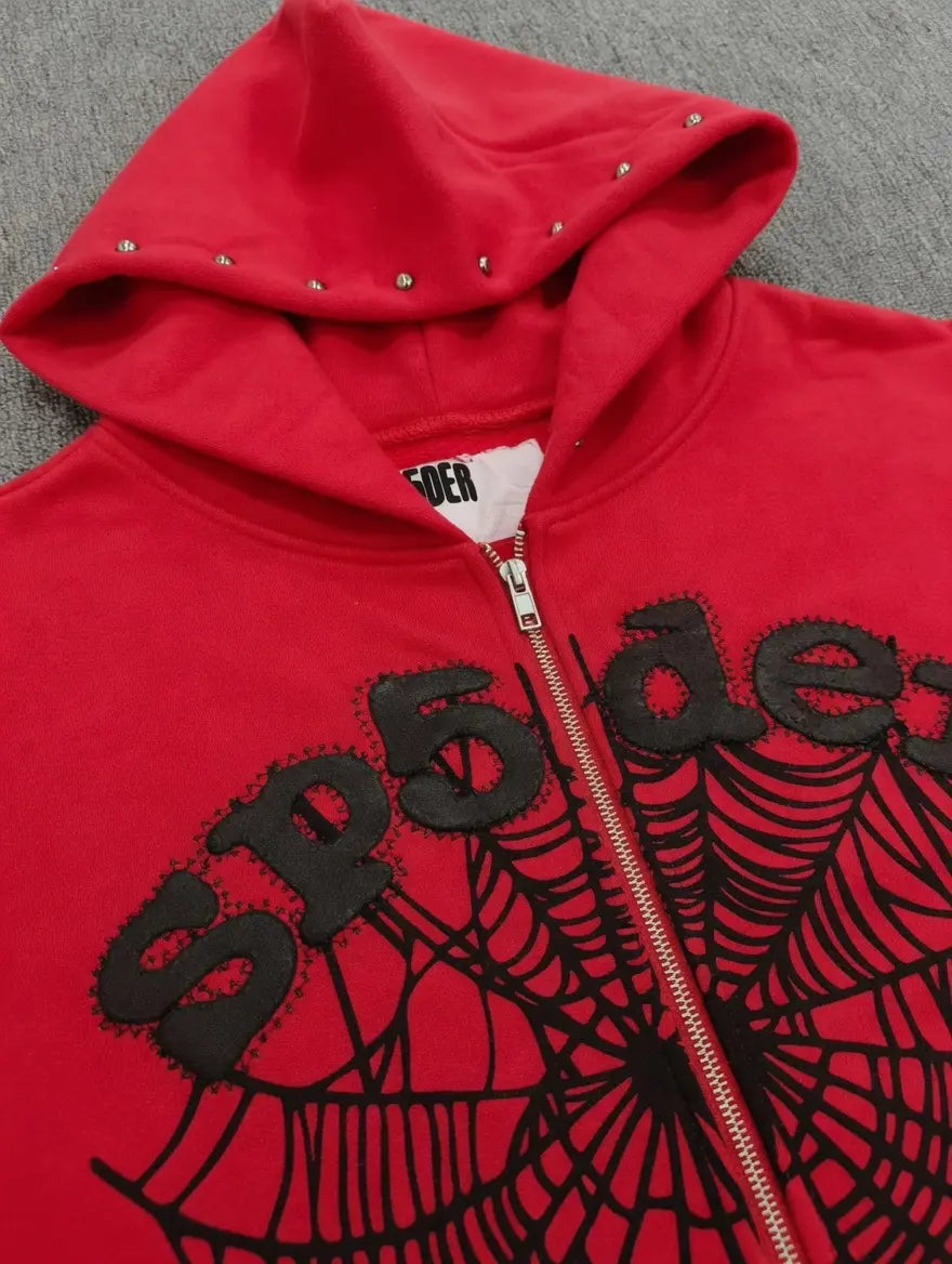 Sp5der Red Zip-Up Hoodie Black Spiderweb Studded Logo