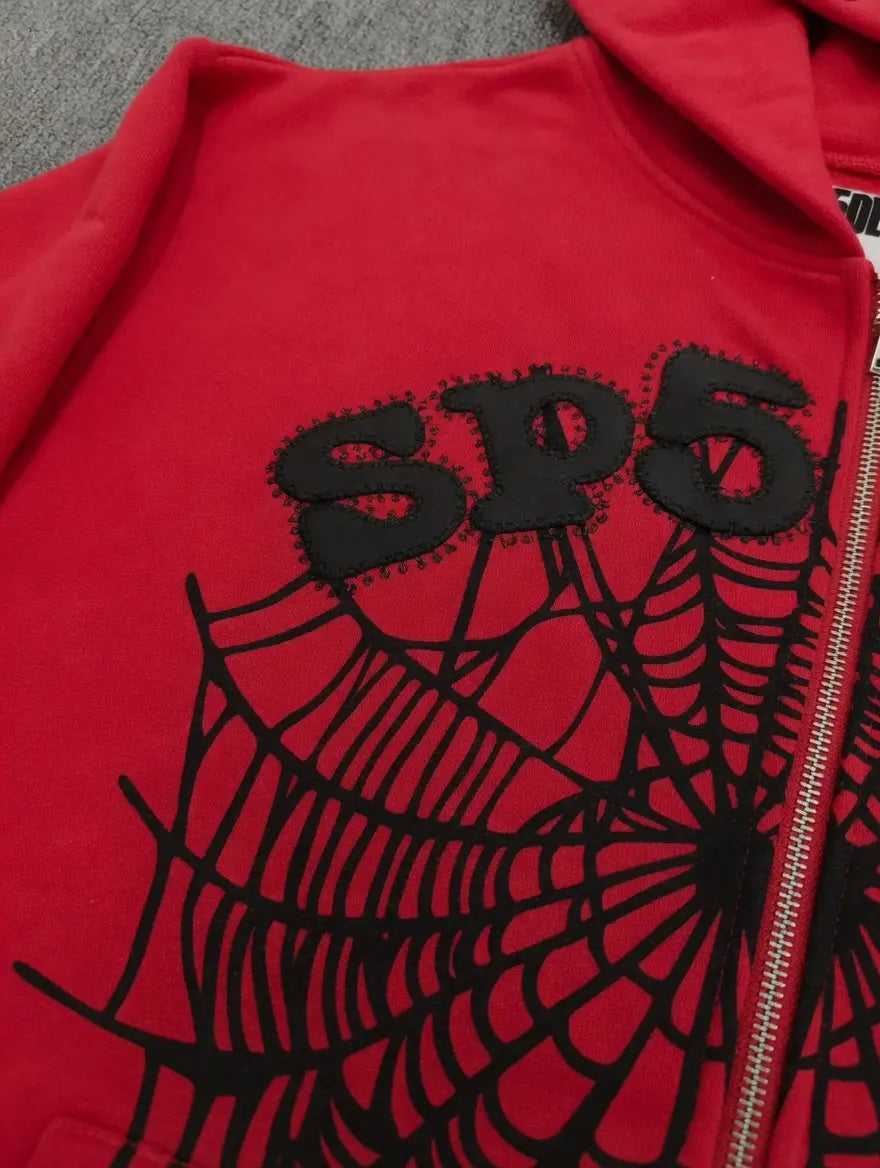 Sp5der Red Zip-Up Hoodie Black Spiderweb Studded Logo