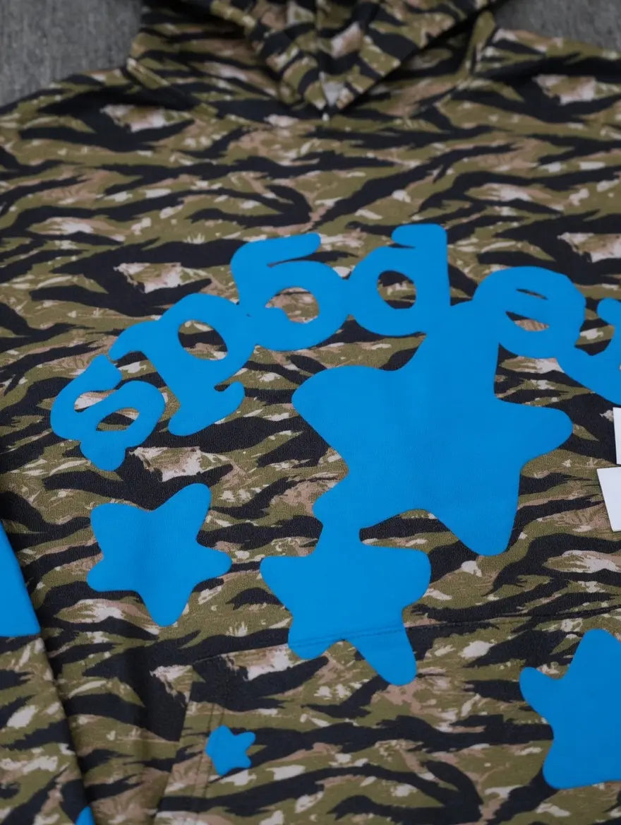 Sp5der Tiger Camo Blue Star Print Logo Hoodie