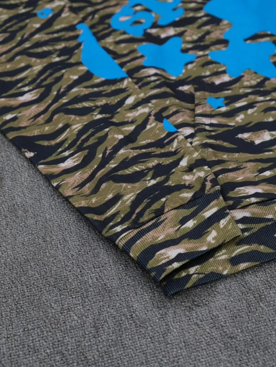 Sp5der Tiger Camo Blue Star Print Logo Hoodie