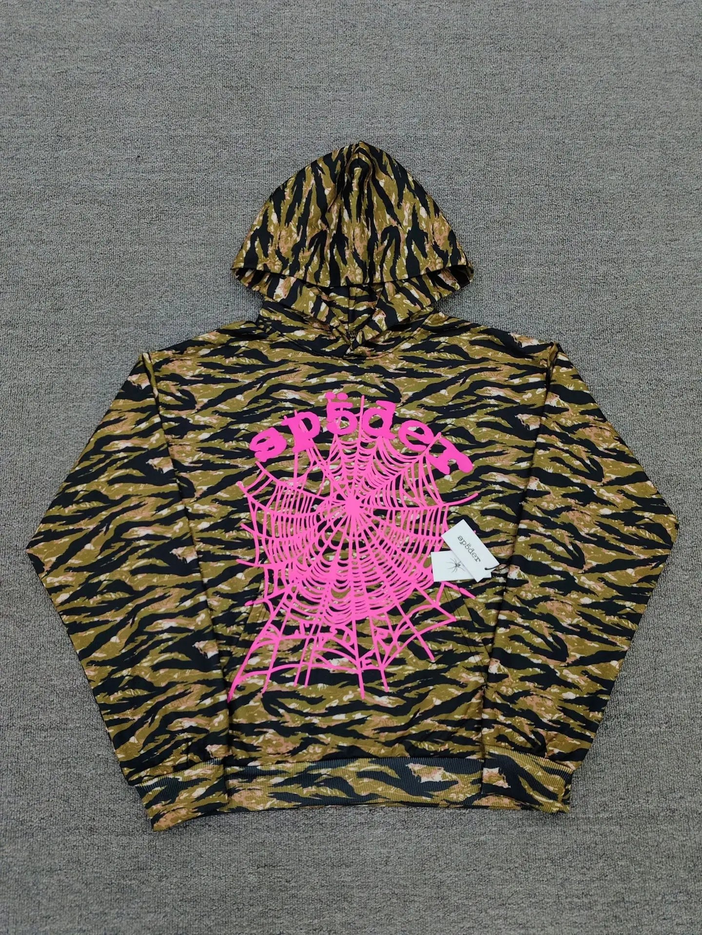 Sp5der tiger camo pullover hoodie with pink spiderweb and arch logo print on the chest