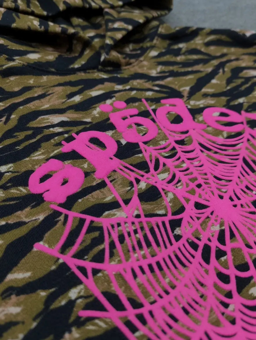 Sp5der Tiger Camo Hoodie with Pink Spiderweb Print