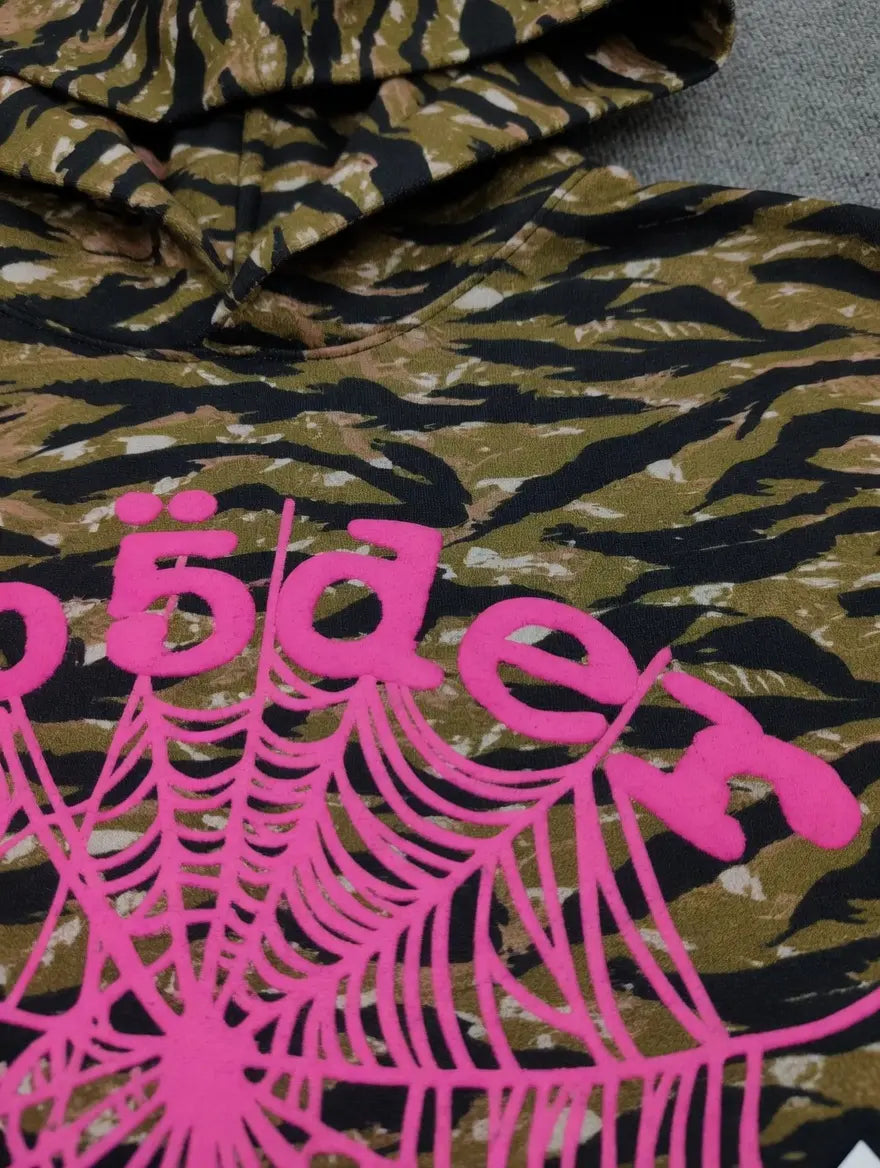 Sp5der Tiger Camo Hoodie with Pink Spiderweb Print