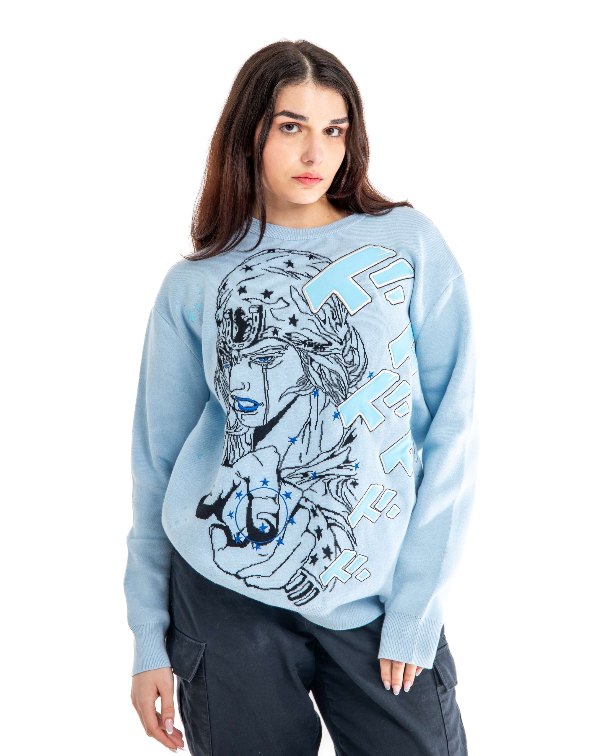 TUSK Inspired Anime Knitted Sweater | JoJo's Bizarre Adventure Streetwear Pure Cotton Pullover in Sky Blue