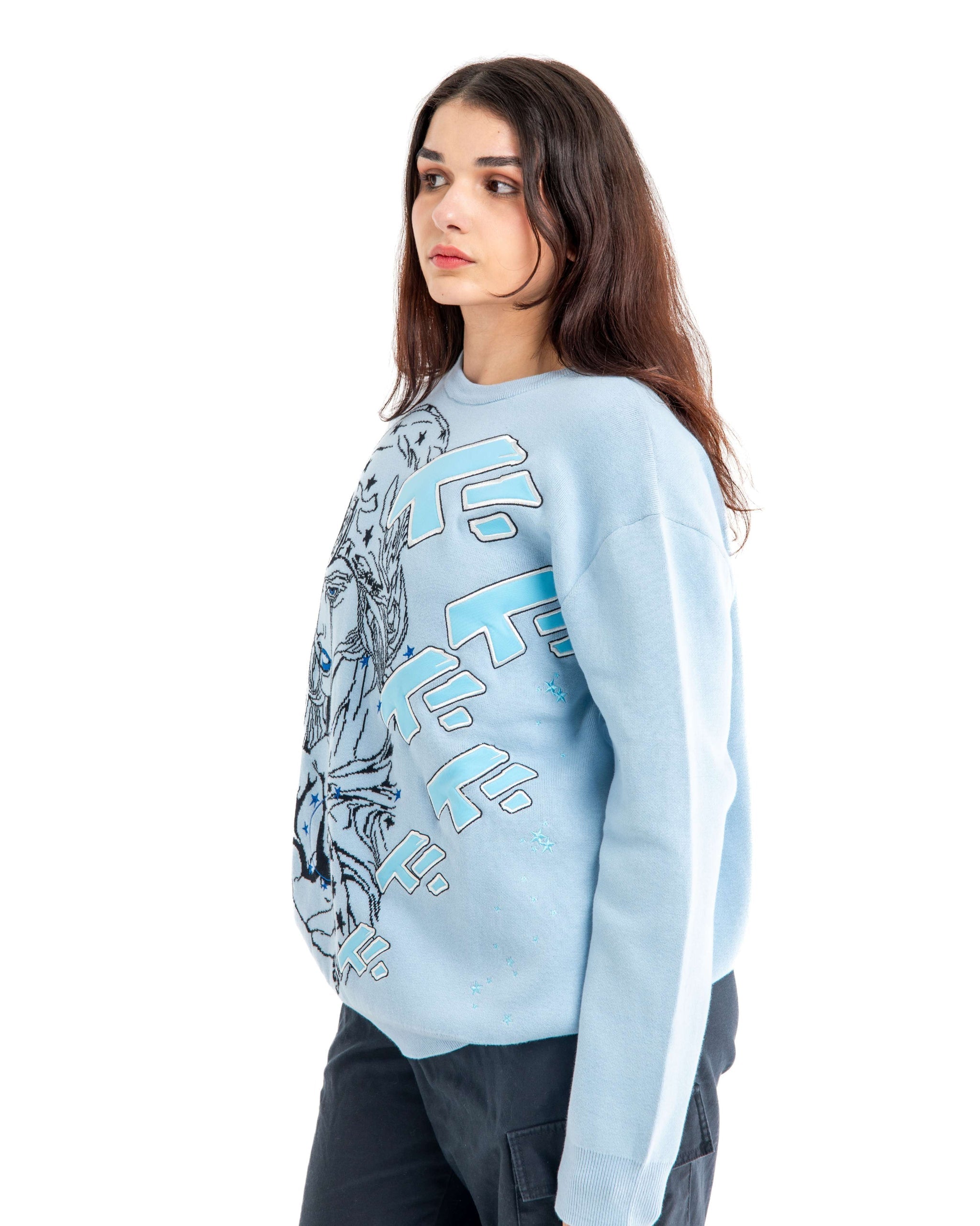 TUSK Inspired Anime Knitted Sweater | JoJo's Bizarre Adventure Streetwear Pure Cotton Pullover in Sky Blue