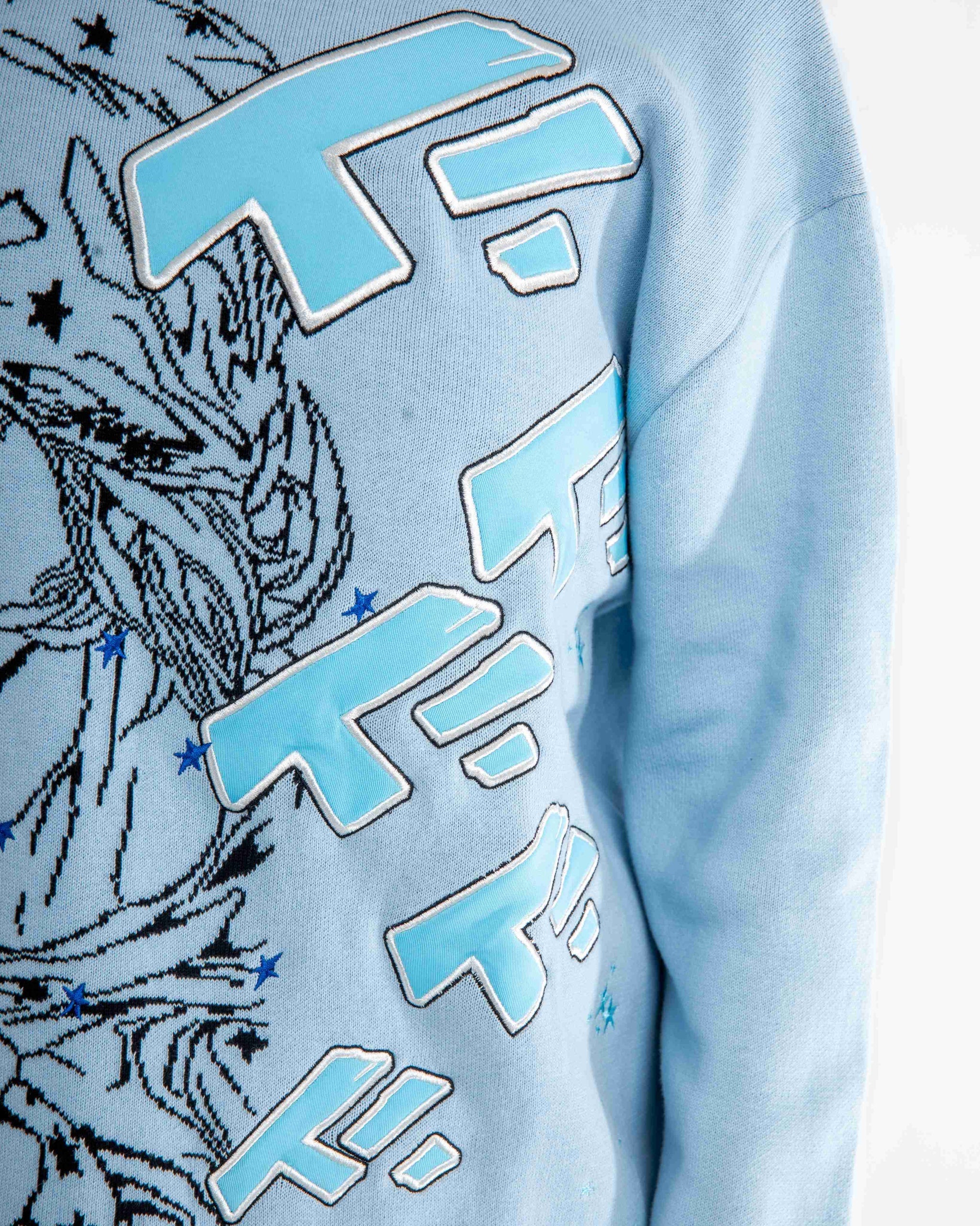 TUSK Inspired Anime Knitted Sweater | JoJo's Bizarre Adventure Streetwear Pure Cotton Pullover in Sky Blue