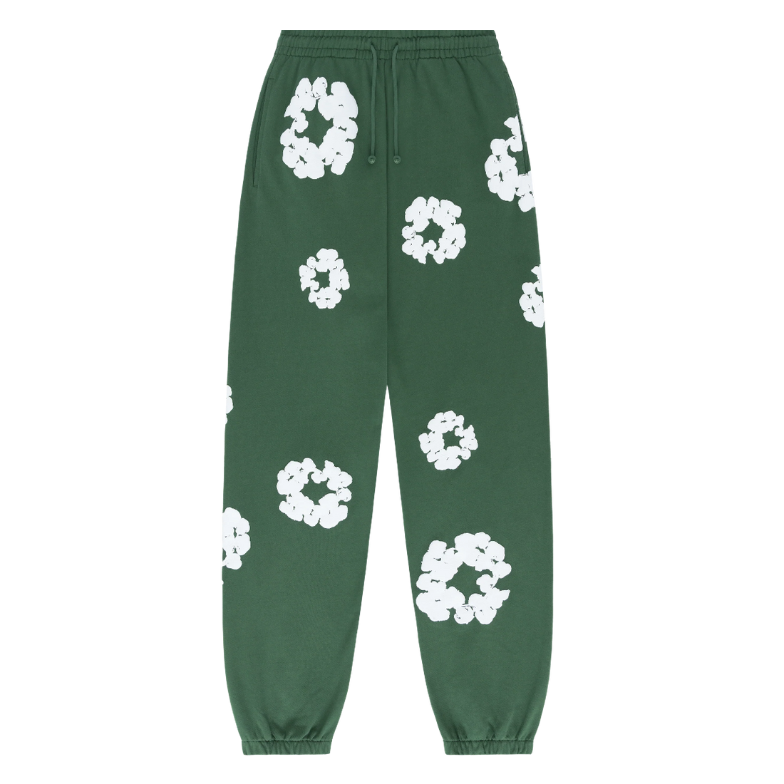 Forest Green “Cotton Wreath” Denim Tears Sweatpants – White Floral Print Streetwear Pants