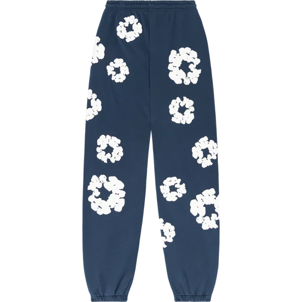 Navy Blue “Cotton Wreath” Denim Tears Sweatpants – White Floral Print Streetwear Pants