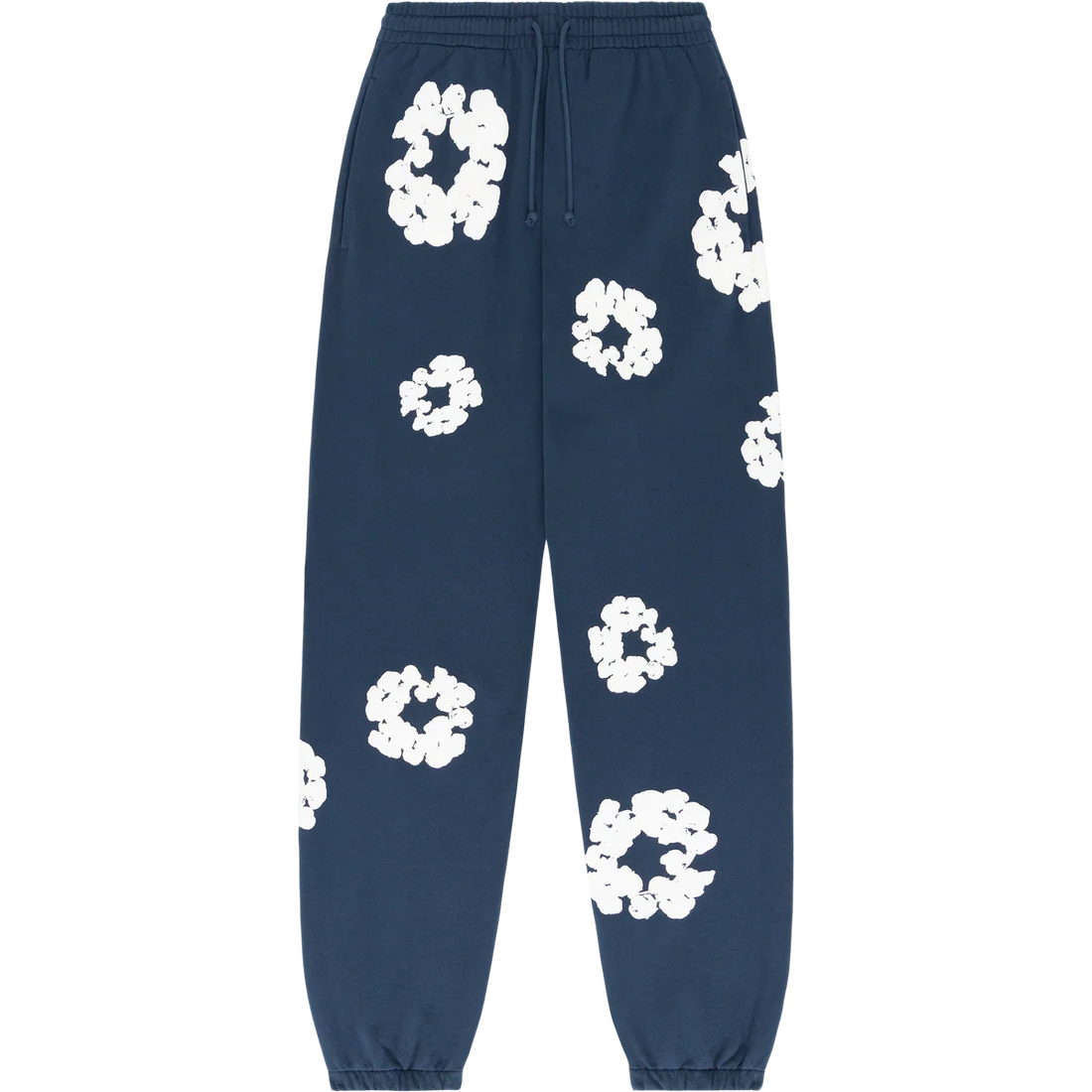 Navy Blue “Cotton Wreath” Denim Tears Sweatpants – White Floral Print Streetwear Pants