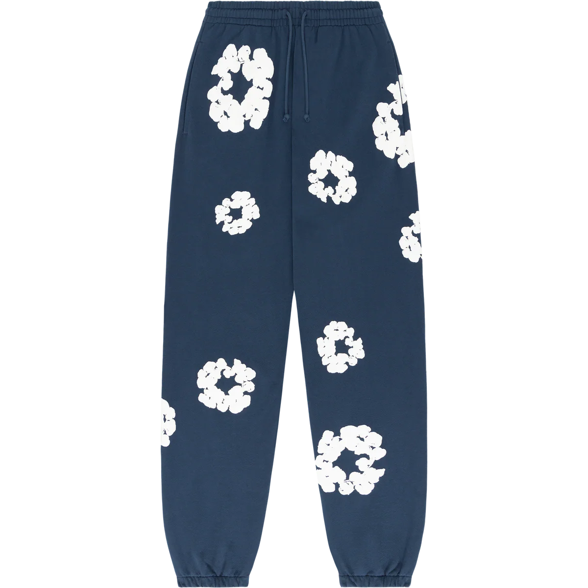 Navy Blue “Cotton Wreath” Denim Tears Sweatpants – White Floral Print Streetwear Pants
