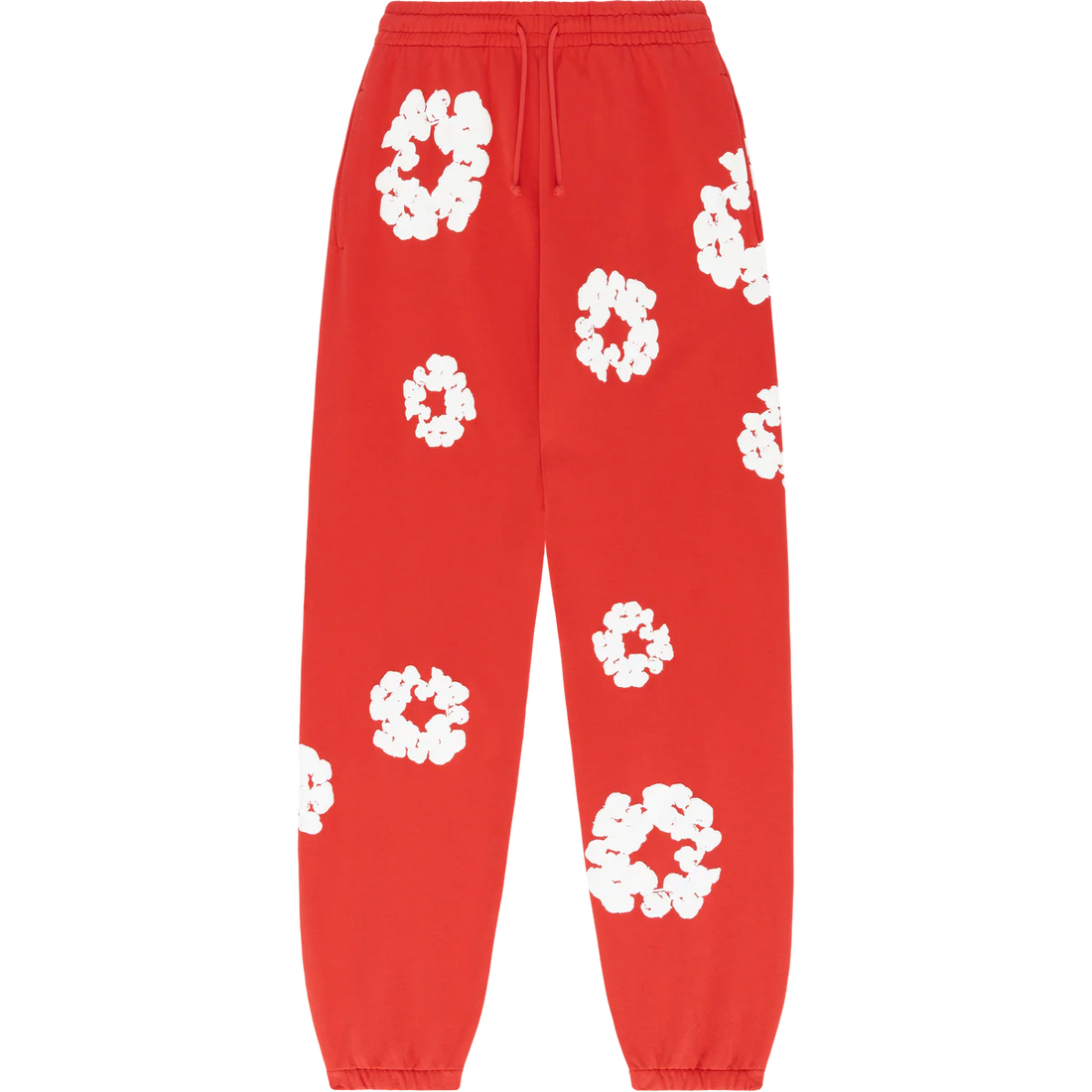 Red “Cotton Wreath” Denim Tears Sweatpants – White Floral Print Streetwear Pants