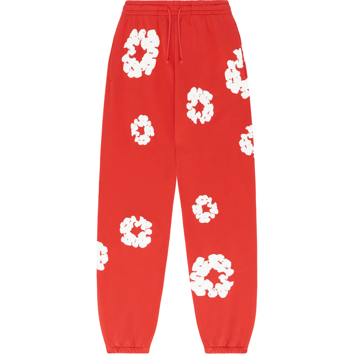 Red “Cotton Wreath” Denim Tears Sweatpants – White Floral Print Streetwear Pants