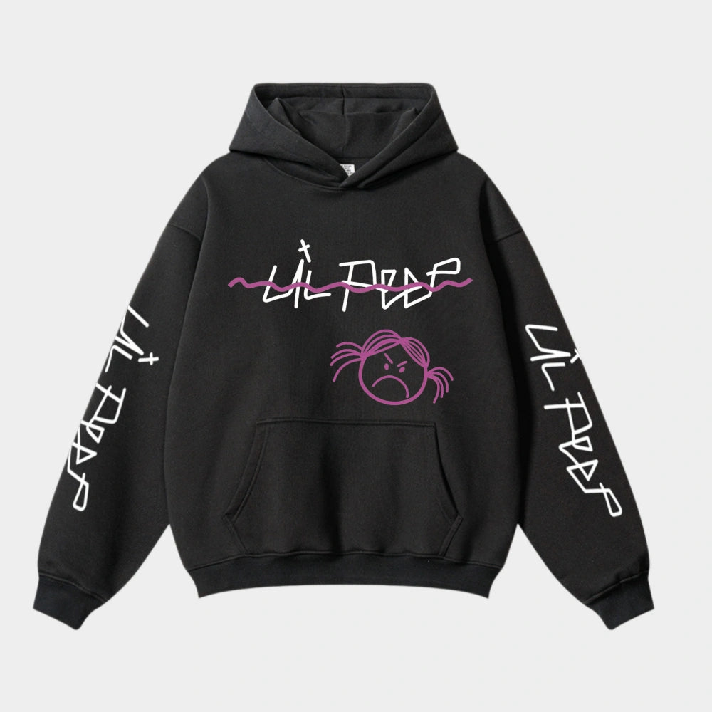The Lil Peep Hoodie — Sad Face Graffiti Graphic Sweatshirt features stylized “Lil Peep” text, a pink squiggly line, and an angry cartoon face with pink pigtails—a must-have Lil Peep merch hoodie for men & women.