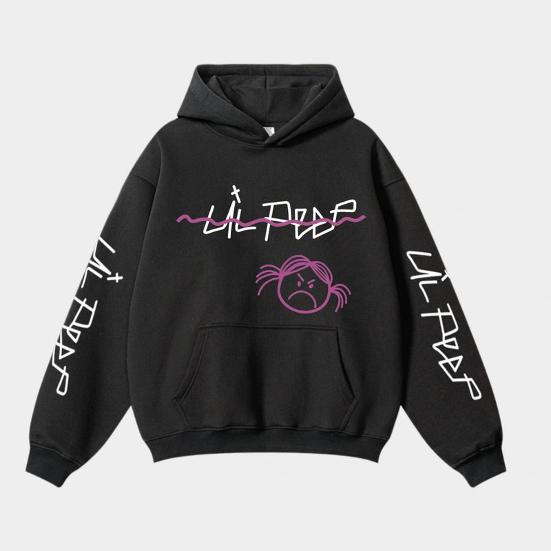 The Lil Peep Hoodie — Sad Face Graffiti Graphic Sweatshirt features stylized “Lil Peep” text, a pink squiggly line, and an angry cartoon face with pink pigtails—a must-have Lil Peep merch hoodie for men & women.