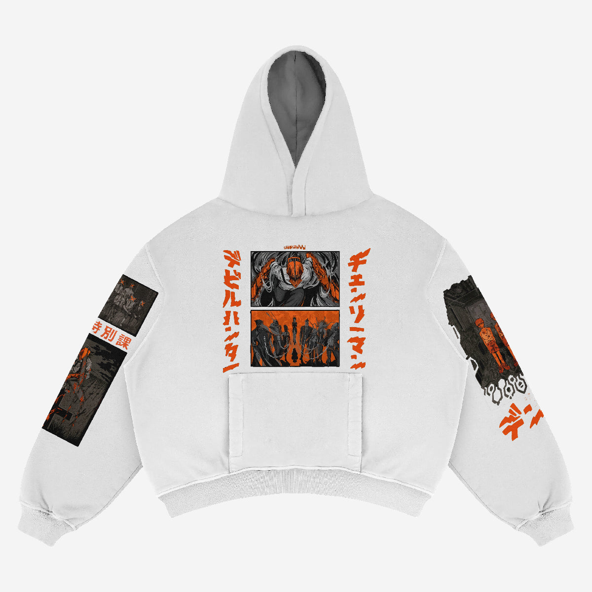 The Chainsaw Man Hoodie by Chainsaw Man features Japanese graphic designs and a main image on the back, with red, black, and orange accents. Made from high-quality 360 GSM cotton, this stylish drop shoulder anime sweatshirt is a bold addition to any streetwear collection.