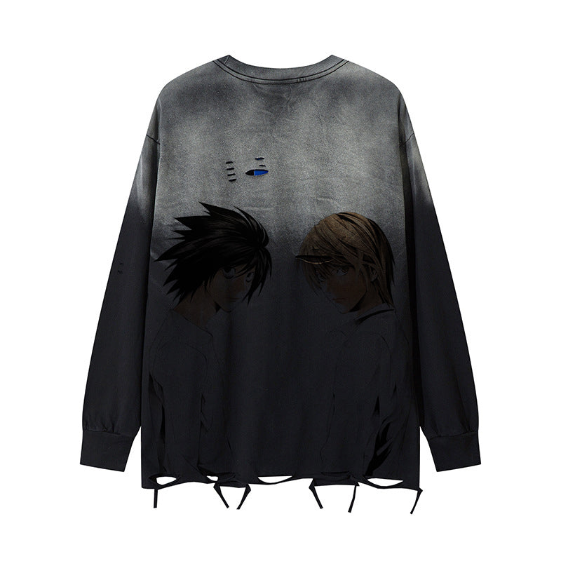 This limited edition black &amp; gray gradient long-sleeve shirt, by Death Note, features anime characters on the back and a unique distressed design with an artistic hem and loose threads, capturing the essence of grunge anime streetwear.