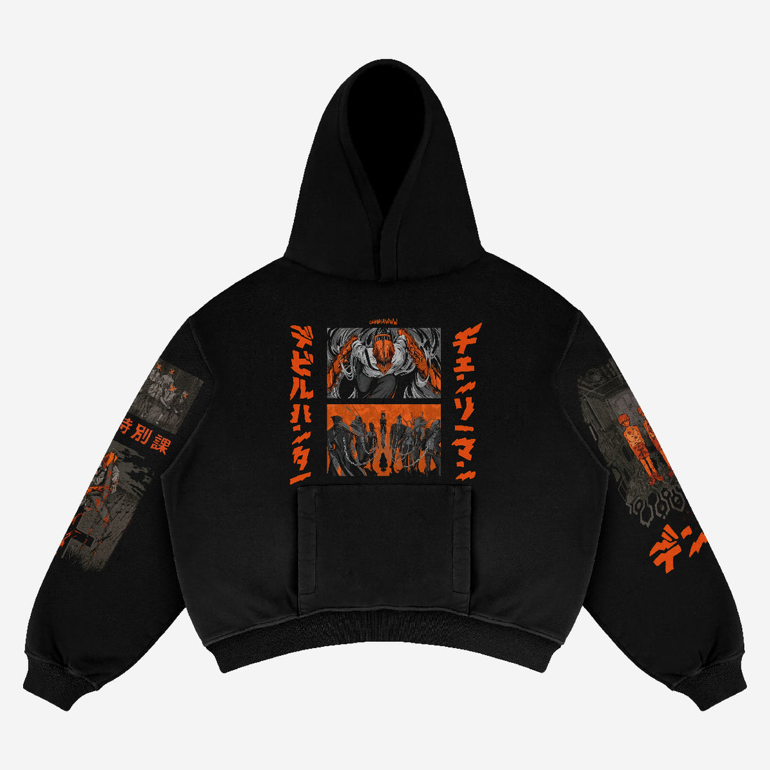 The Chainsaw Man Hoodie is a stylish drop shoulder anime sweatshirt made of high-quality 360 GSM cotton, featuring dynamic characters and bold Japanese text on a black background with orange and white graphic designs on the back and sleeves, including various illustrations and patterns.