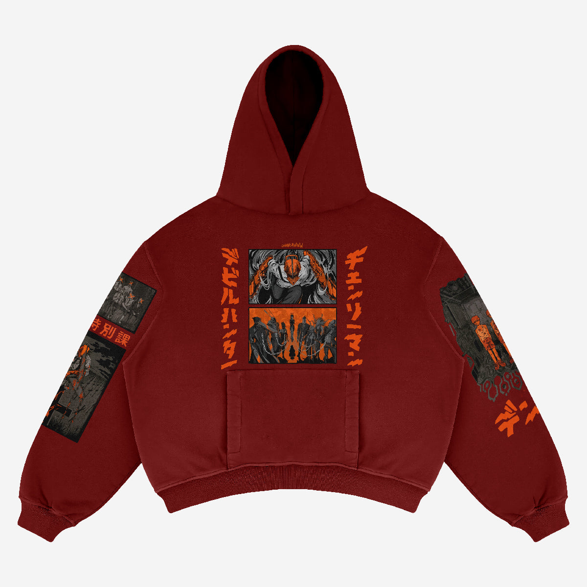 The Chainsaw Man Hoodie by Chainsaw Man, made from high-quality 360 GSM cotton, features stylish anime artwork and Japanese text on the back and sleeves in black and orange. This trendy drop shoulder sweatshirt includes a front pouch pocket, ideal for anime fashion enthusiasts.