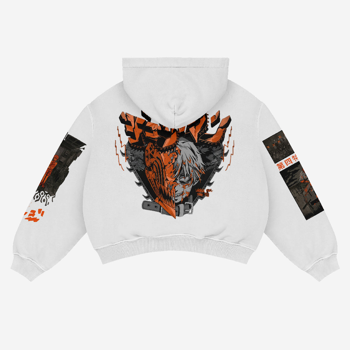 This Chainsaw Man Hoodie is made from high-quality 360 GSM cotton and features a detailed back graphic with orange and black highlights. Part of the anime fashion line, it boasts red text and imagery on the sleeves, offering a bold, artistic style with a stylish drop shoulder design.