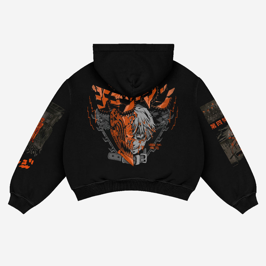 The Chainsaw Man Hoodie from our streetwear collection features a bold anime-inspired graphic on the back in orange and gray. Made of high-quality 360 GSM cotton with a drop shoulder design, it showcases dynamic anime fashion appeal with stylized characters and sleeve text.