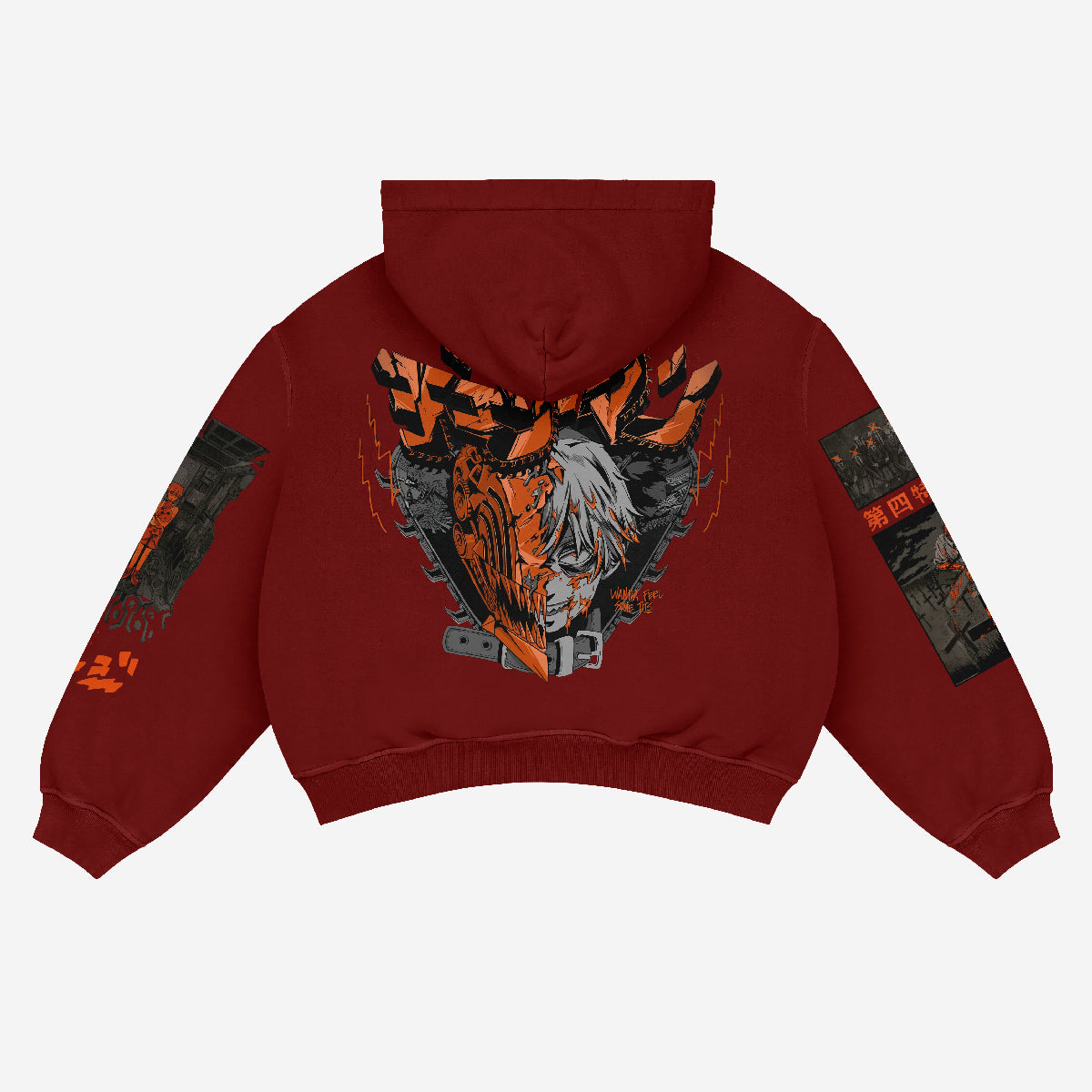 The Chainsaw Man Hoodie is a standout in streetwear, featuring a red base with graphic designs on the back and sleeves. It showcases bold artwork of a stylized character with orange and gray, plus Japanese text. Made from high-quality 360 GSM cotton, it&