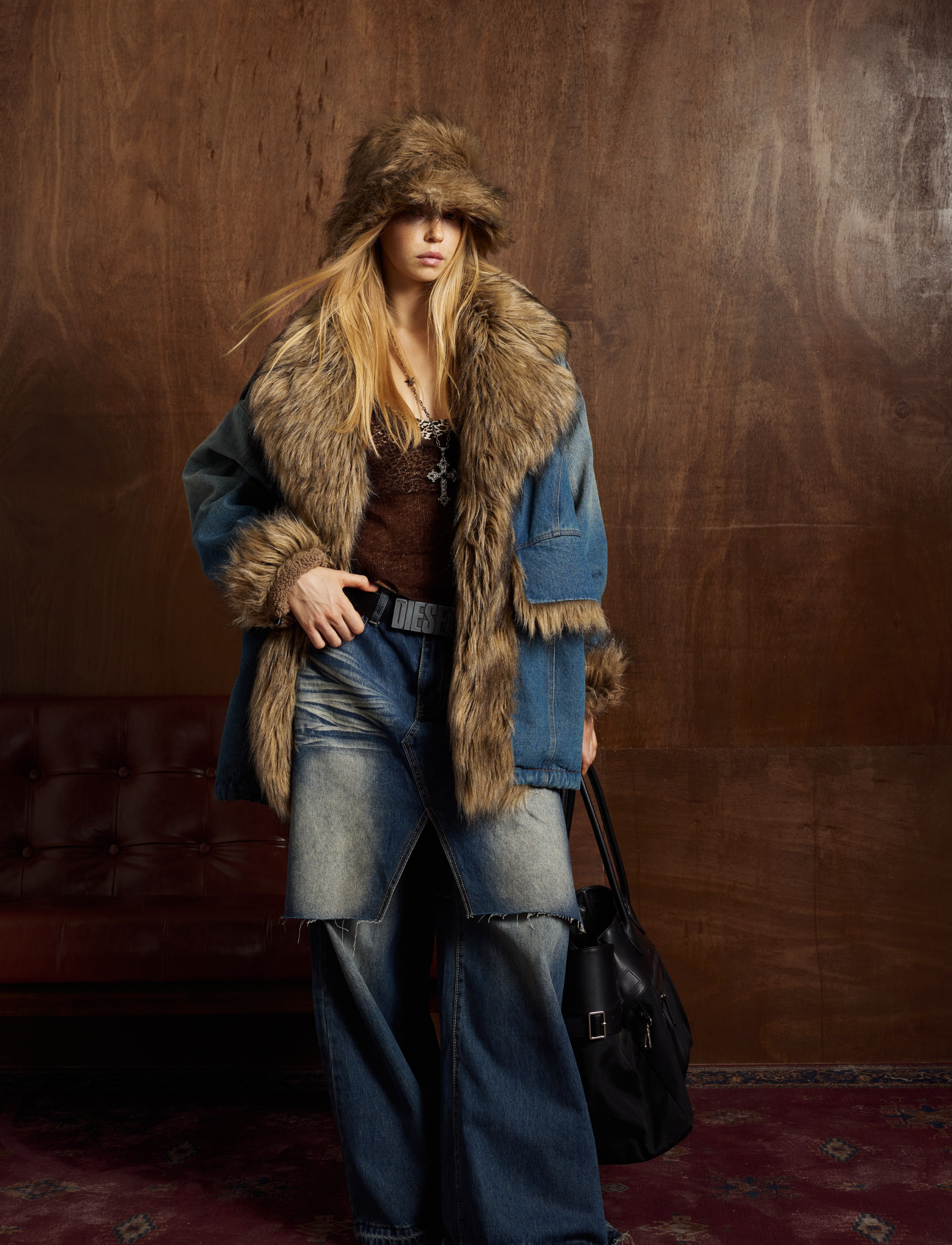 Oversized Faux-Fur Collar Denim Jacket | Vintage Wash