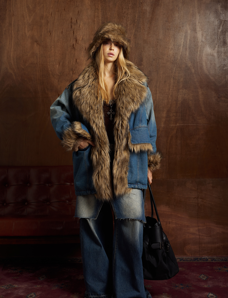 Oversized Faux-Fur Collar Denim Jacket | Vintage Wash