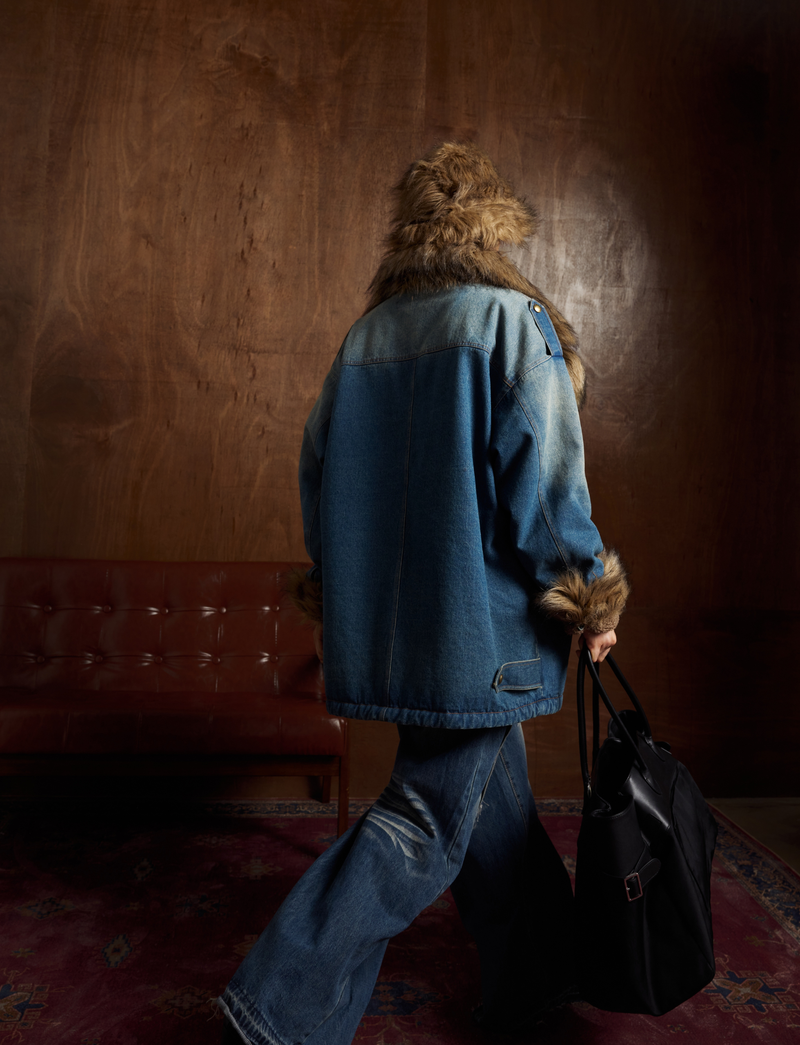 Oversized Faux-Fur Collar Denim Jacket | Vintage Wash