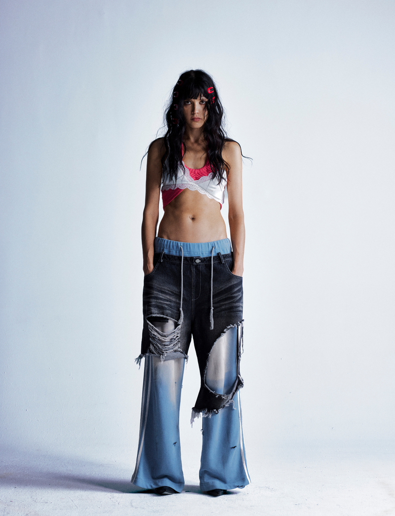 Omirad Dual-Tone Distressed Patchwork Barrel-Leg Jeans