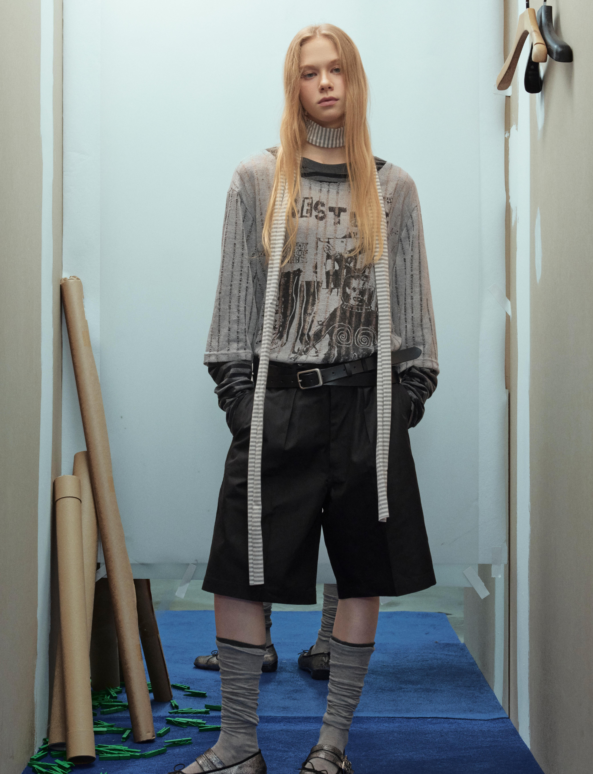 Omirad Layered Grunge Graphic Sweater | Striped Sleeve Top