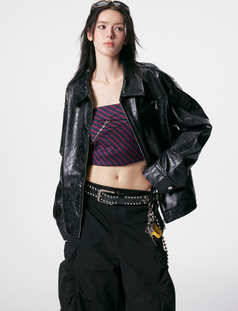 Omirad PU Leather Graphic Jacket | Black Crinkle Streetwear
