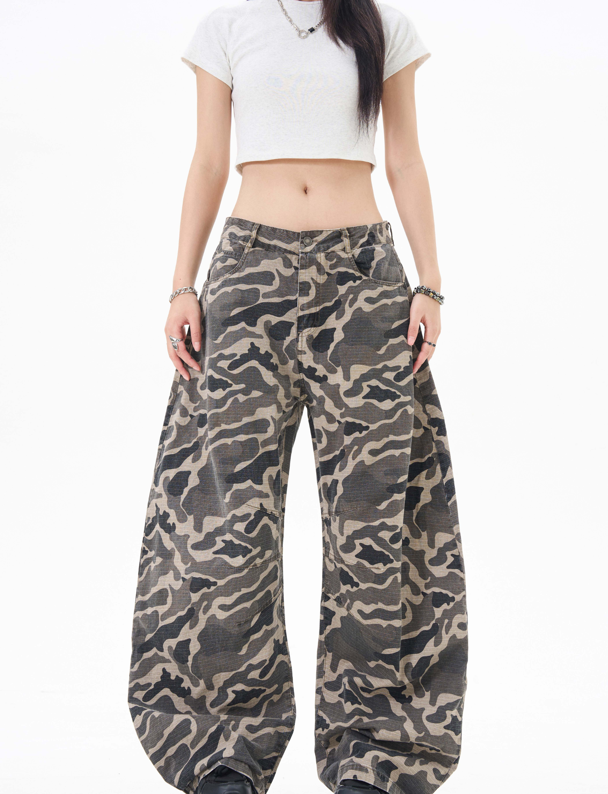 Grey Camo Barrel Pants | Wide-Leg Ripstop Cotton Trousers