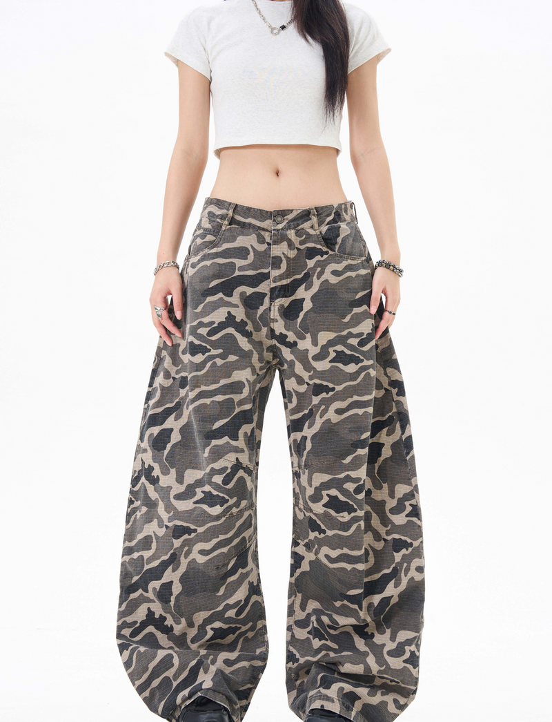 Grey Camo Barrel Pants | Wide-Leg Ripstop Cotton Trousers