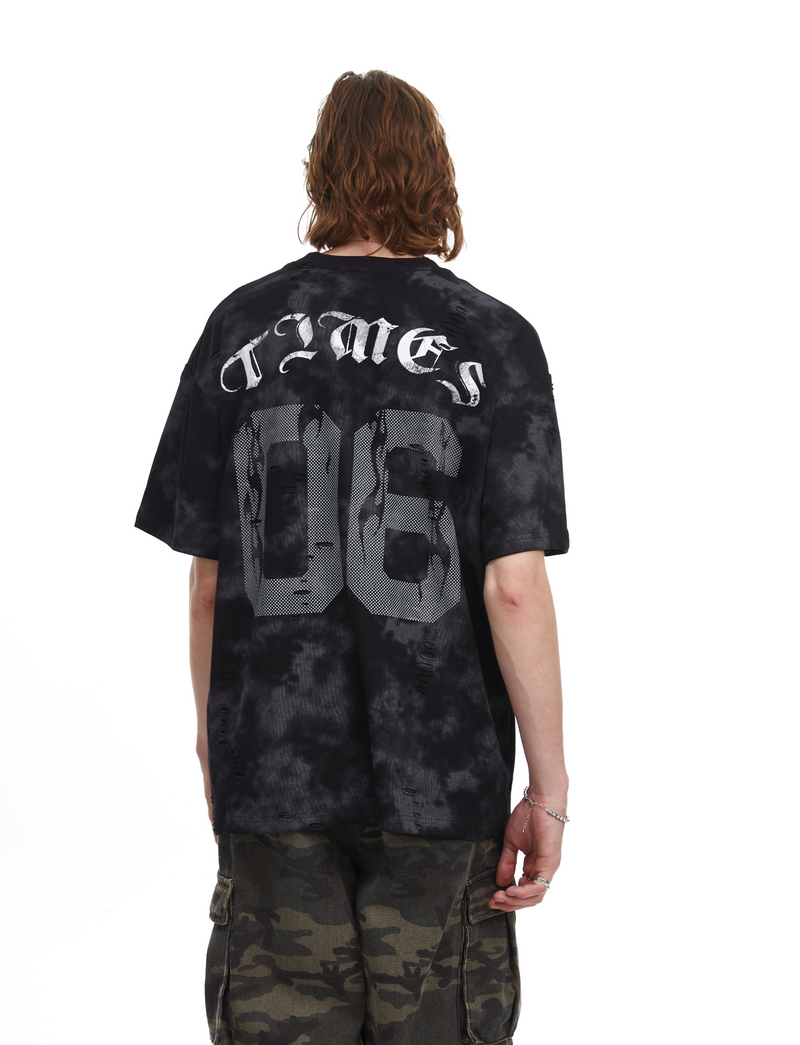 Black marble wash oversized tee with distressed number 06 graphic and streetwear-style back print