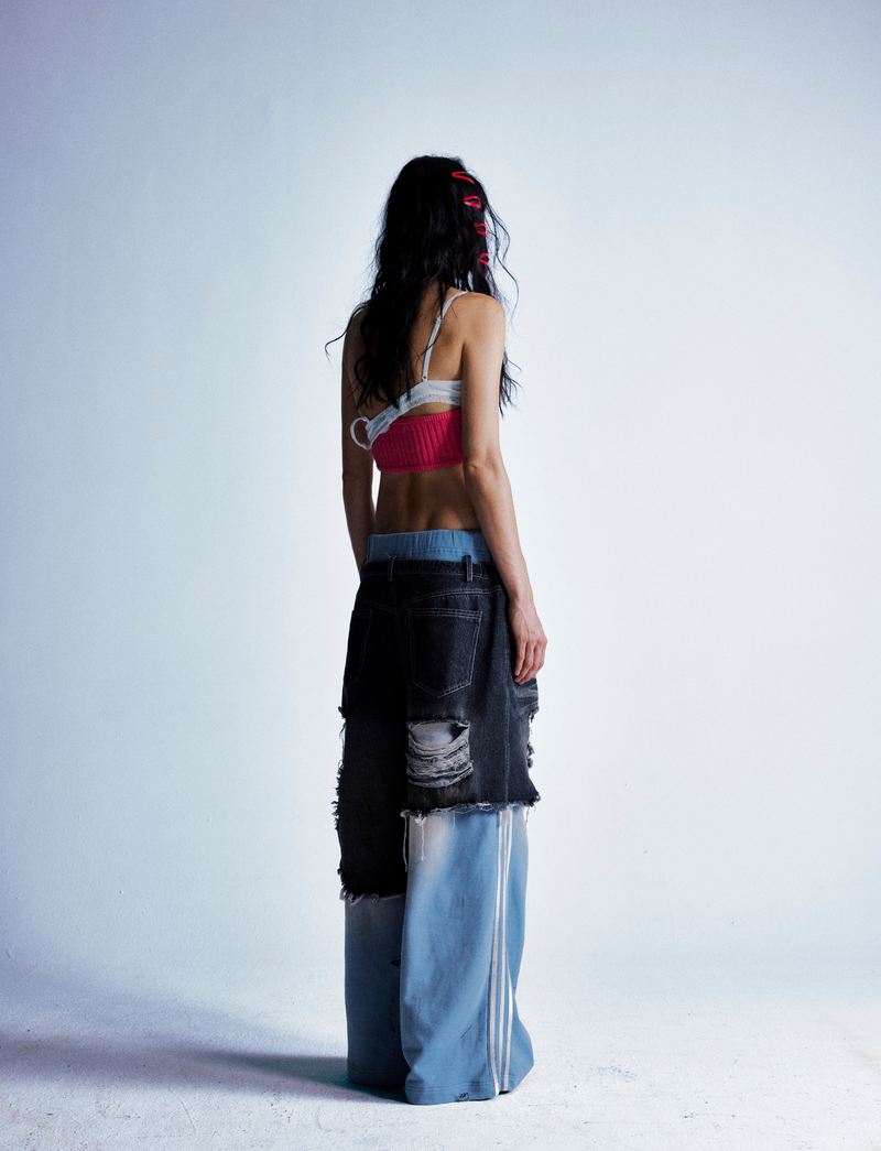 Omirad Dual-Tone Distressed Patchwork Barrel-Leg Jeans