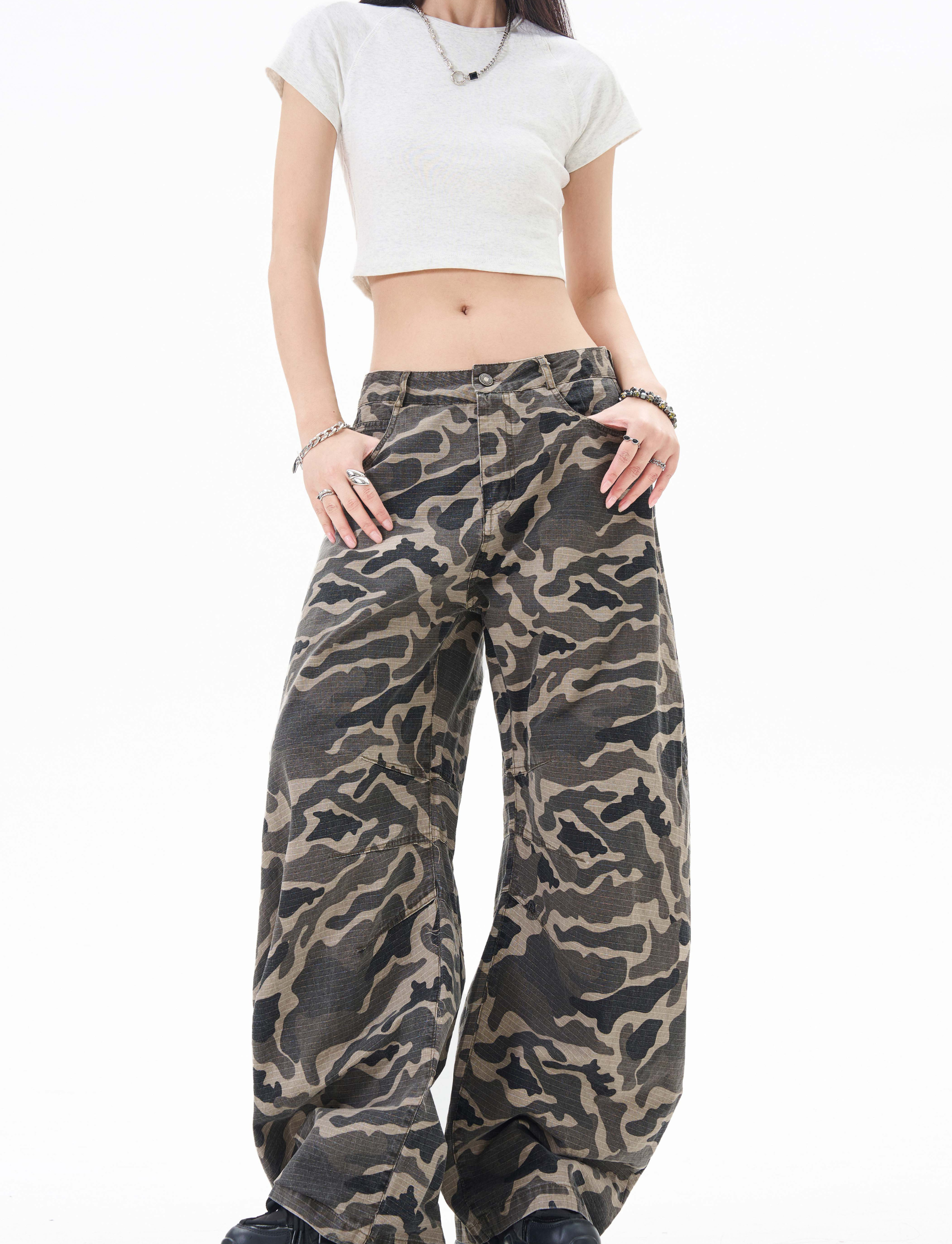 Grey Camo Barrel Pants | Wide-Leg Ripstop Cotton Trousers