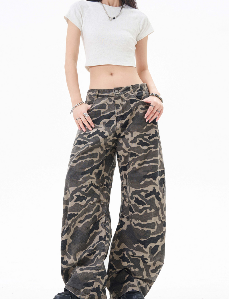 Grey Camo Barrel Pants | Wide-Leg Ripstop Cotton Trousers