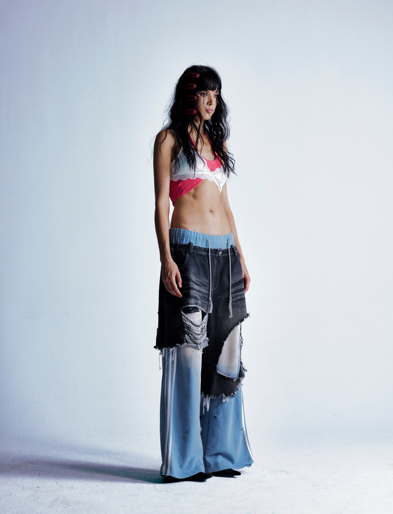 Omirad Dual-Tone Distressed Patchwork Barrel-Leg Jeans